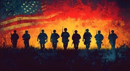 Five service flags and veteran silhouettes representing the Disgruntled Outpost mission