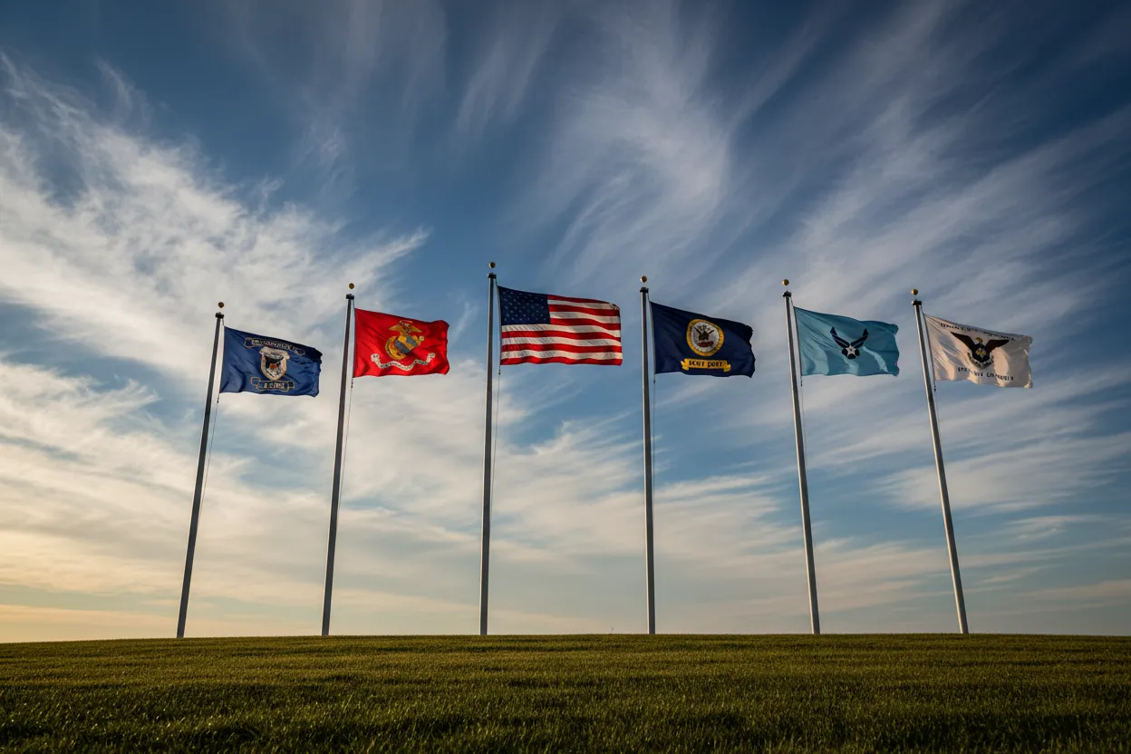 Five service flags representing the veteran-owned mission behind Disgruntled Outpost